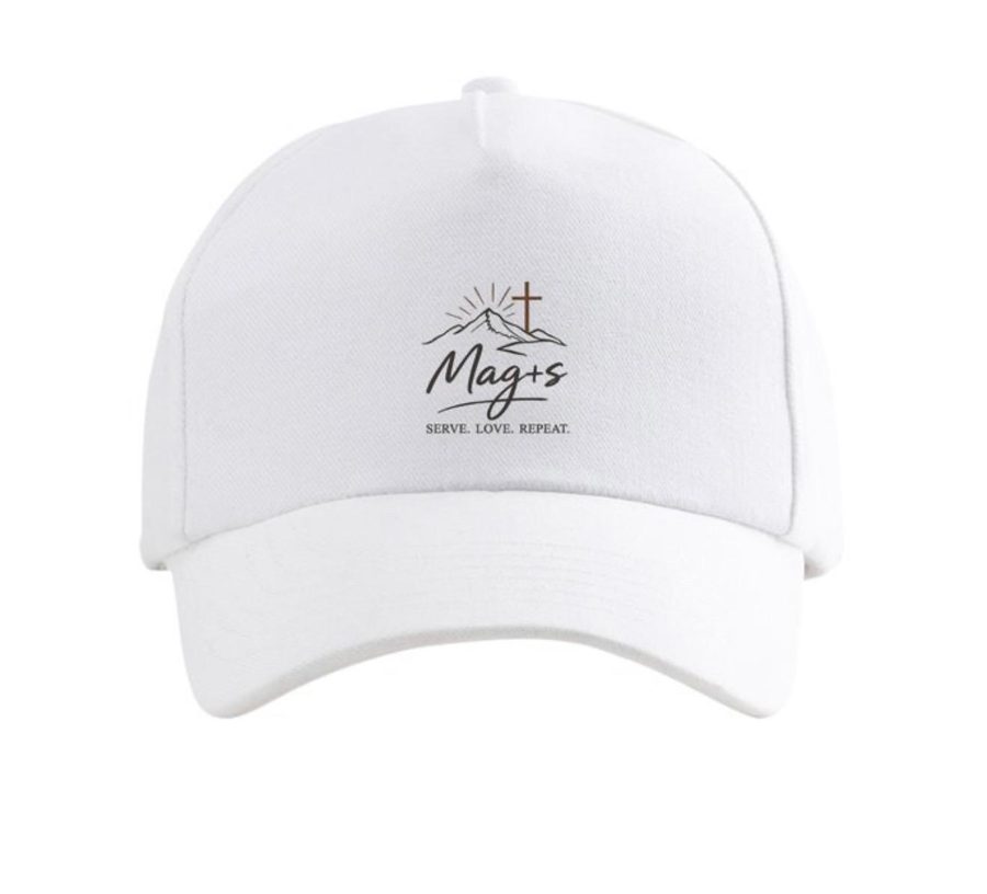 White dad cap with an embroidered Mag+s logo